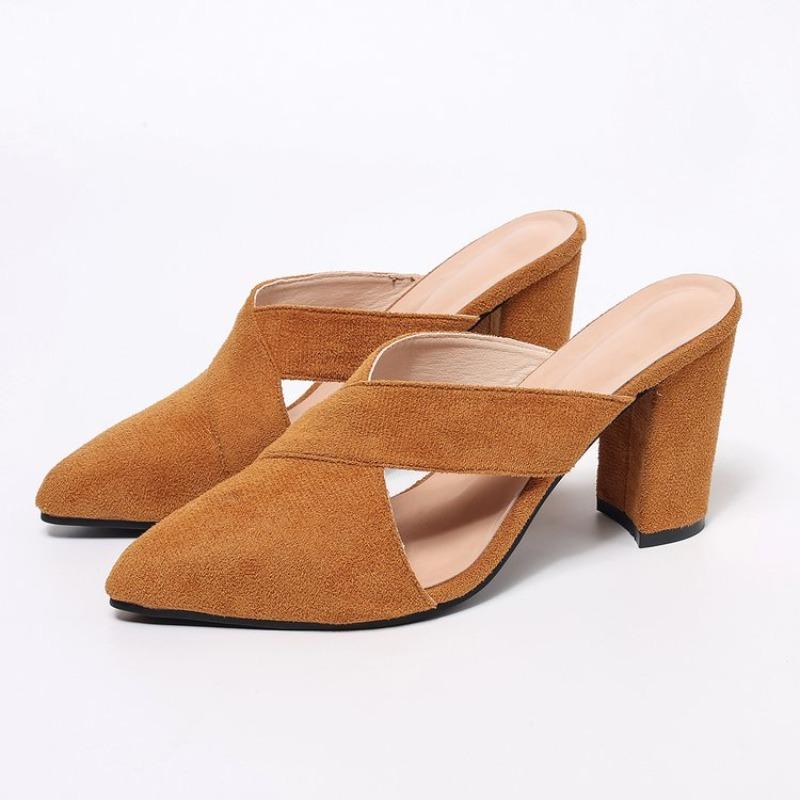 Модные летние новые шлепанцы баотоу женские модные остроносые из глубокой замши с вырезами слипоны износостойкие на толстом каблуке