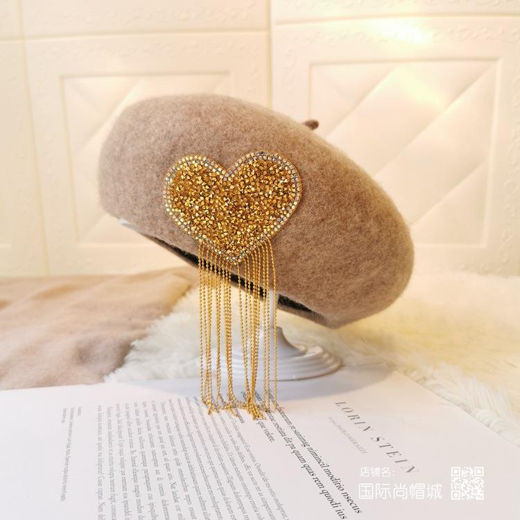 Autumn and winter love fringed woolen hat women's casual versatile beret big head circumference showing face small retro painter hat