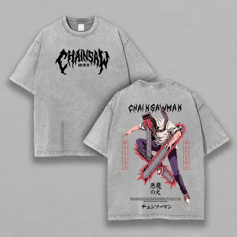 Chainsaw Man Power Kawaii Printed Tee Men Women Retro Washed T-shirts Oversized Cotton T Shirt Short Sleeve Clothing Male Tshirt