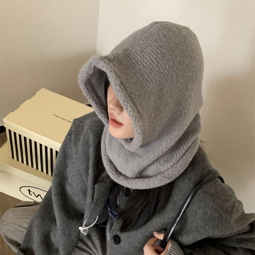 Woolen Hooded Cap Windproof Neck Collar Beanies Cap Fashion Knitted Balaclava Hat  Winter