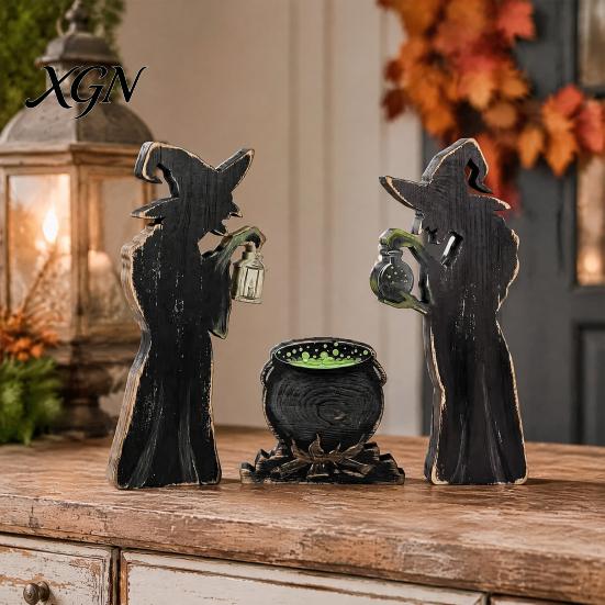 Decorative Witchy Silhouette Props 3Pcs Halloween Witch Cauldron Lantern Potion Bottle Table Decorations, Rustic Wooden Vintage Distressed Holiday