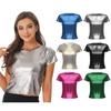 Womens Metallic Finish Party Tshirt Glossy Short Sleeve Round Neck Top Reflective Dancewear for Raves and Festivals