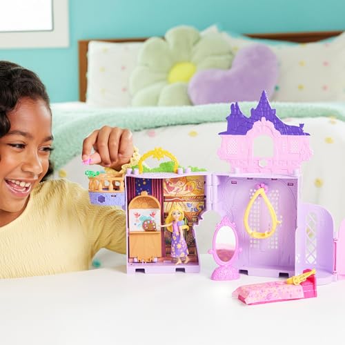 Mattel Disney Princess Rapunzel and the Tower (Stacking Castle Series! Mini Doll) Dress-Up Doll House Pretend Play Playset with 1 Mini Doll, Ages 3 an