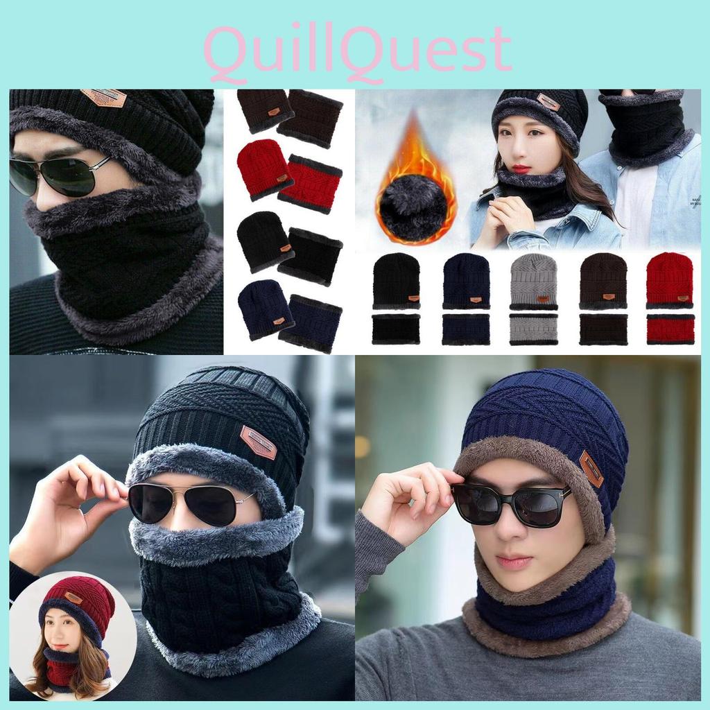 Mens Winter Beanie Hat And Scarf Set Warm Fleece Knitted Cap Unisex Couple