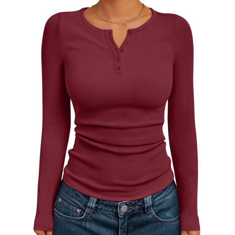 Womens Slim Fit Long Sleeve Henley Top 2026 Fall Basic Knit T-Shirt Casual Daily Wear