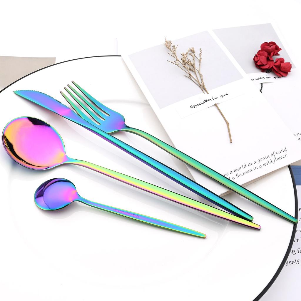 16pcs Upscale Black Gold Complete Dinnerware Set Stainless Steel Tableware Set Knife Fork Coffee Spoon Flatware Set Cutlery Set