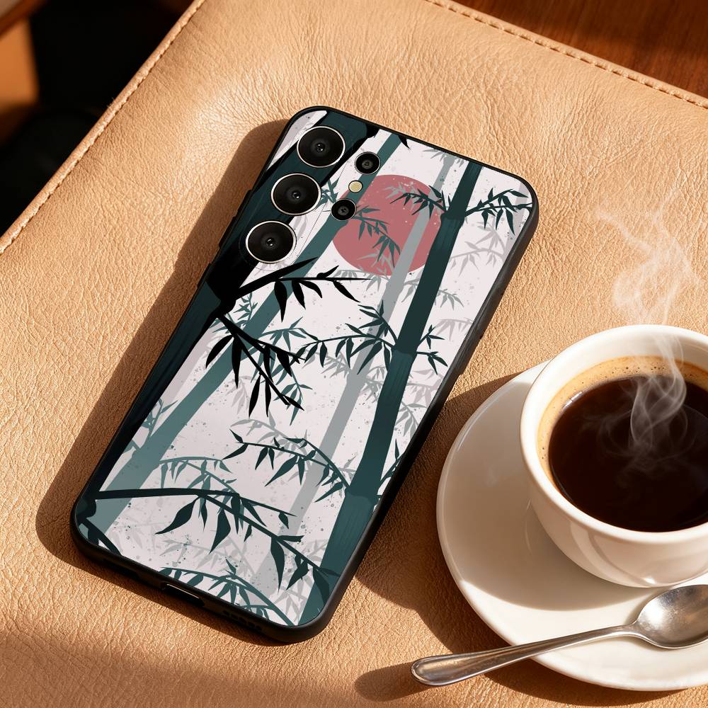 Японские элементы пейзажного искусства Чехол для телефона Для Samsung S26,S25,24,23,22,30,21,10,9,Ultra,Plus,Lite,Черный Мягкий чехол