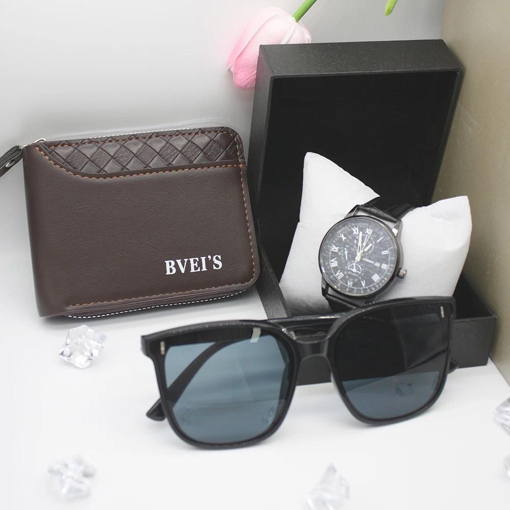 Набор из 3 предметов, роскошные часы для мужчин, солнцезащитные очки, кожаный кошелек, индивидуальные мужские часы для идеального подарка