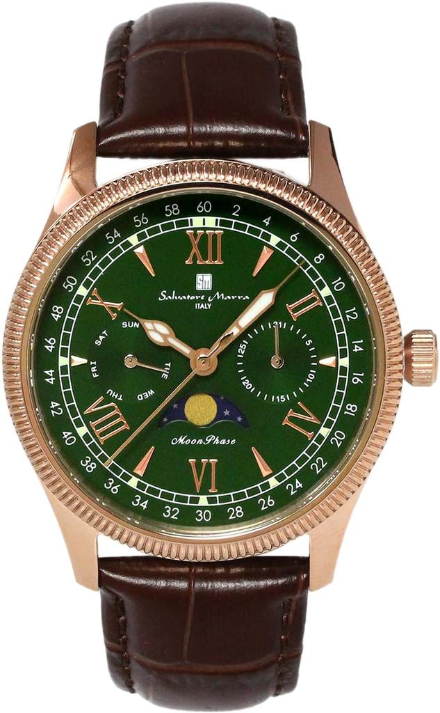 Salvatore Marra Moon Phase 5 ATM Water Leather Limited Pink Gold and Men's Multi-Calendar Watch, Resistant, Strap, Edition, Green, SM24110-PGGR