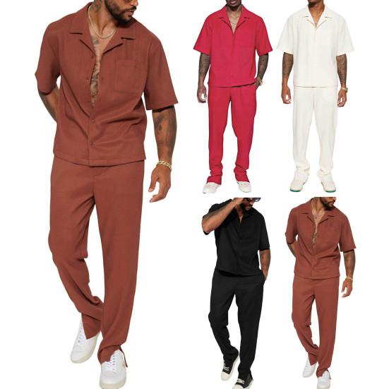 Комплект мужской одежды из 2 предметов: рубашка с лацканами, короткими рукавами и однобортной застежкой, брюки с эластичной талией, длинные, однотонные, свободного кроя, повседневный наряд