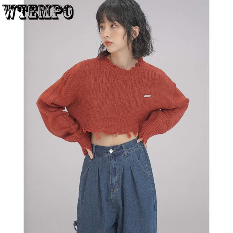 Cropped Knitted Pullovers Women Long Sleeve O-Neck Short Sweaters Girl's Solid Color Casual Irregular Jumpers Streetwear
