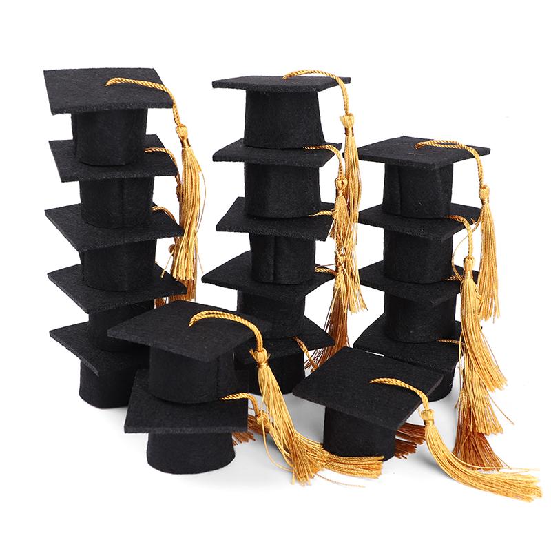 5/10pcs Felt Bachelor Hat with Tassels for Graduation Party DIY Decoration Wine Bottle Topper Graduate Mini Cap Candy Gift Boxes