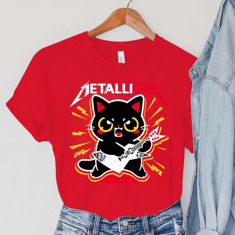 Футболки METALLICAT, женские футболки с круглым вырезом, женская одежда с рисунком гитары, топы в стиле Харадзюку с животными и кошкой, женские винтажные футболки