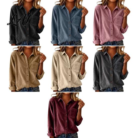 Breathable Texture Fall Apparel Women Vintage Corduroy Shirt Long Sleeve Button Up Jacket Lapel Soft Front Shirt Casual Blouse with Pockets