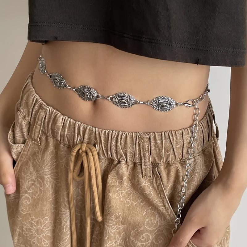 Vintage Ethnic Floral Silvery Chain Metal Waist Belt for Spicy Dress and Pants Adjustable Extension
