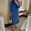 Women's Denim Shirt Dress Roll Up Long Sleeve Button Down Maxi Dress Summer Casual Lapel Loose Shift Jean Dress with Pocket
