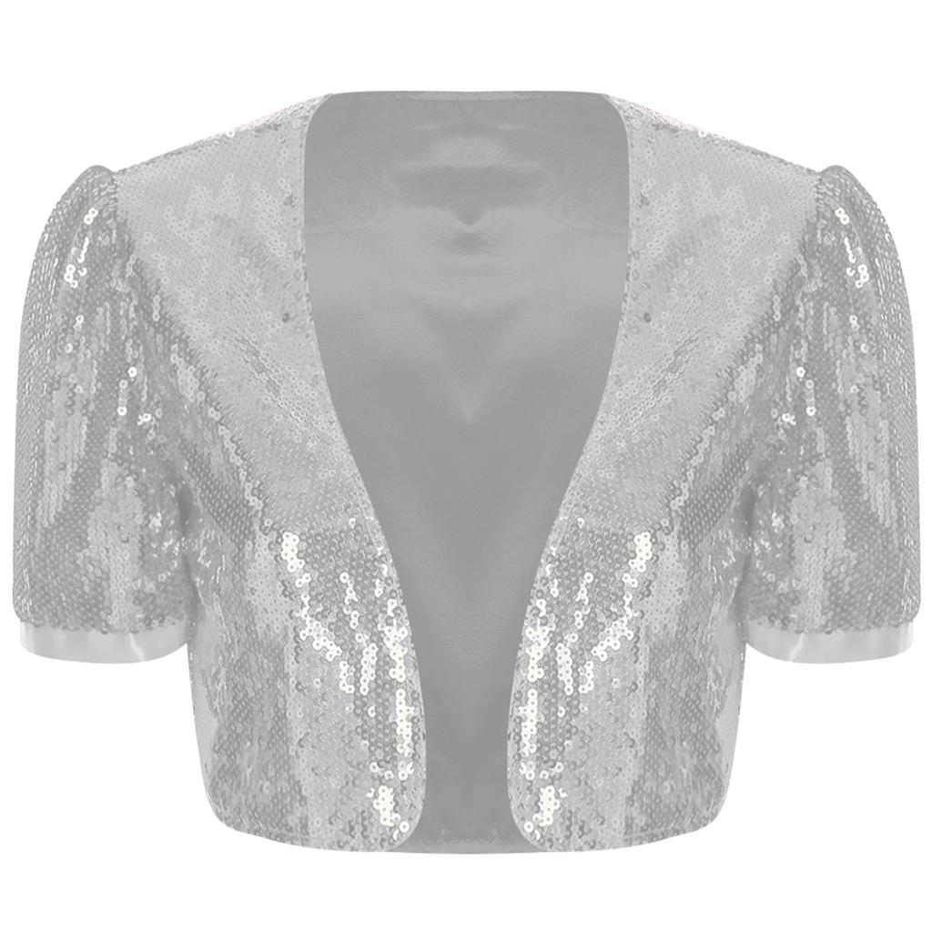 Womens Glitter Sequin Crop Jacket Short Sleeve Open Front Shiny Clubwear Party Outerwear Evening Cover Up