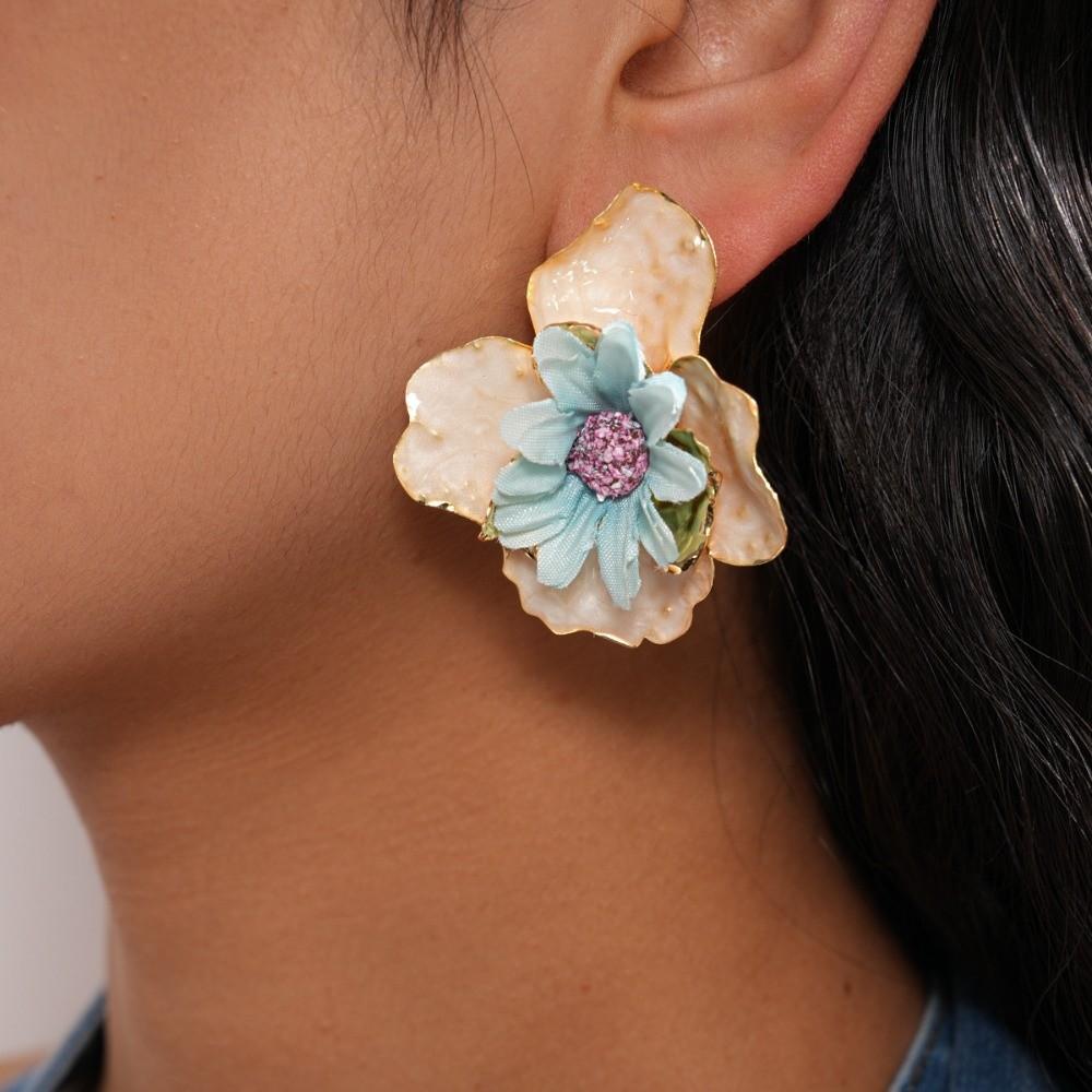 Iron Cloth Colorful Flower Earrings Korean Style Floral Ear Studs Exaggerated Ear Pendant Daily