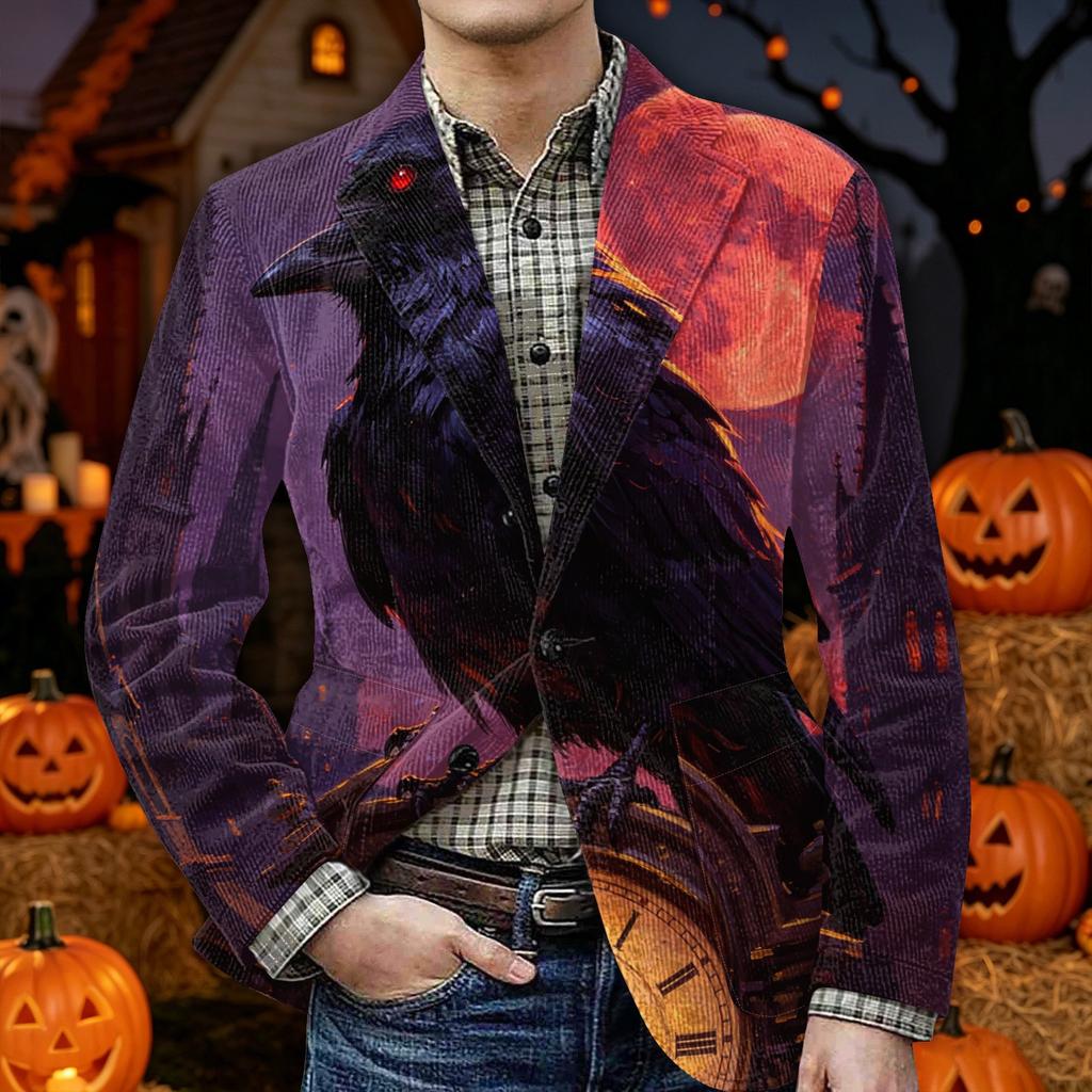 Men's Corduroy Blazer Jacket with Halloween Print Warm Casual Suit Jacket with Pockets Button Front Cardigan Style Outerwear