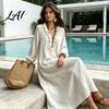 Lightweight Polyester Dresses Women Ruffle V Loose Fit Dress Neck Long Casual Midi Dress Solid Color Sleeves for Spring Autumn