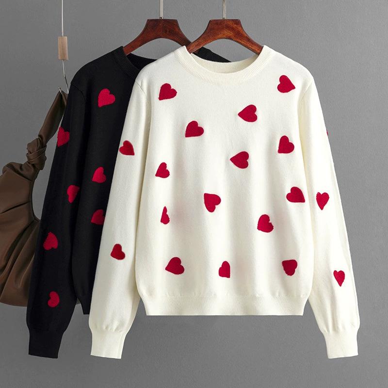 2023 Autumn Winter Heart Pattern Pullover: Plus Size Women's Knitwear, European & American Style, Loose Sweater