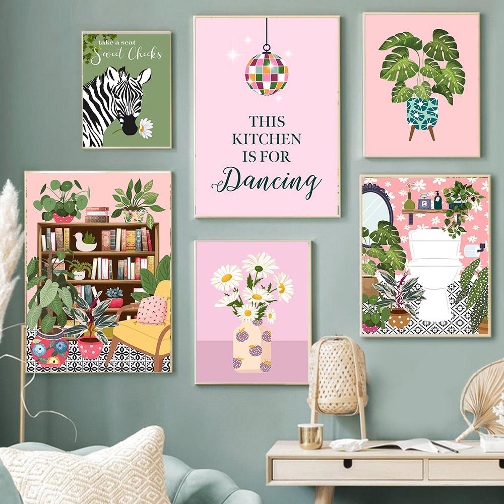 Животное Highland Cow в ванной комнате Wall Art Холст Картина Плакаты Ботаническая библиотека Монстера Лист Печать Для Кофейни Домашний Декор