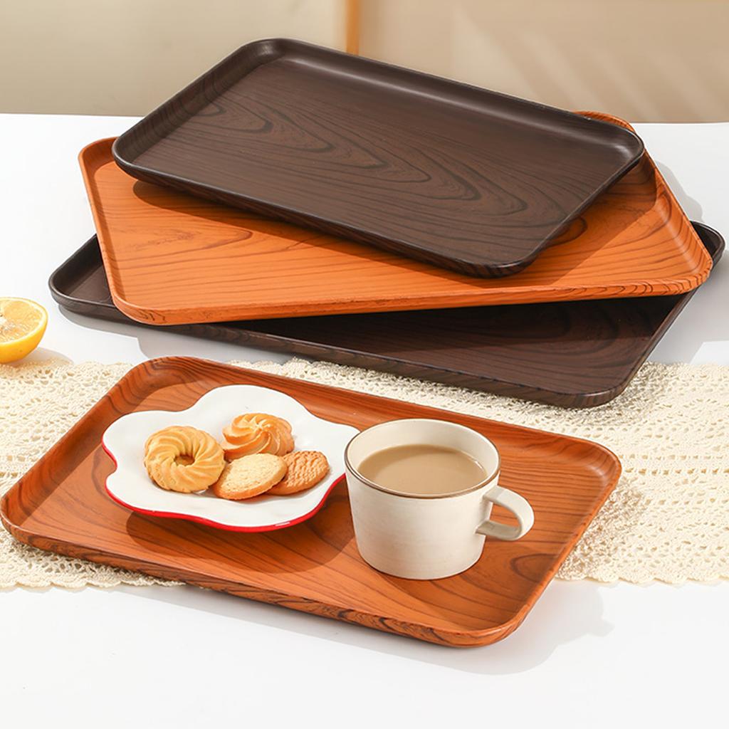 Wood Grain Plastic Food Serving Tray Stackable Dessert Fruit Tray Tea Tray Large Capacity Storage Tray Kitchen Stoage Organizer