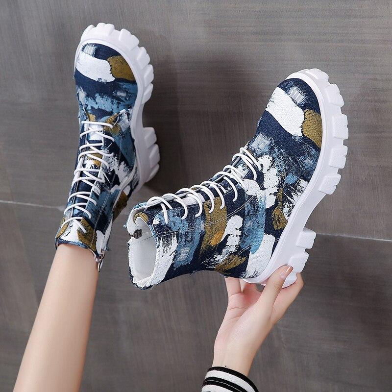 Новые джинсовые женские ботинки, женские туфли на платформе и массивном каблуке с круглым носком, джинсовые женские ботильоны, джинсовые повседневные ботинки на шнуровке