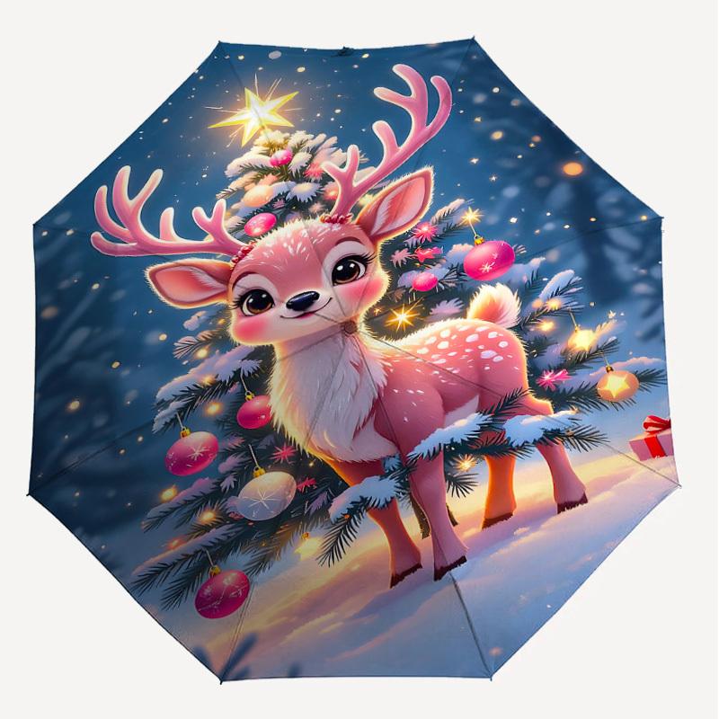 1PC Christmas, Deer Automatic Open/Close Umbrella with Windproof, 8-Rib Sturdy Canopy, Durable Ribs, Fashionable Design, Outdoor Accessory, Fun Prin,