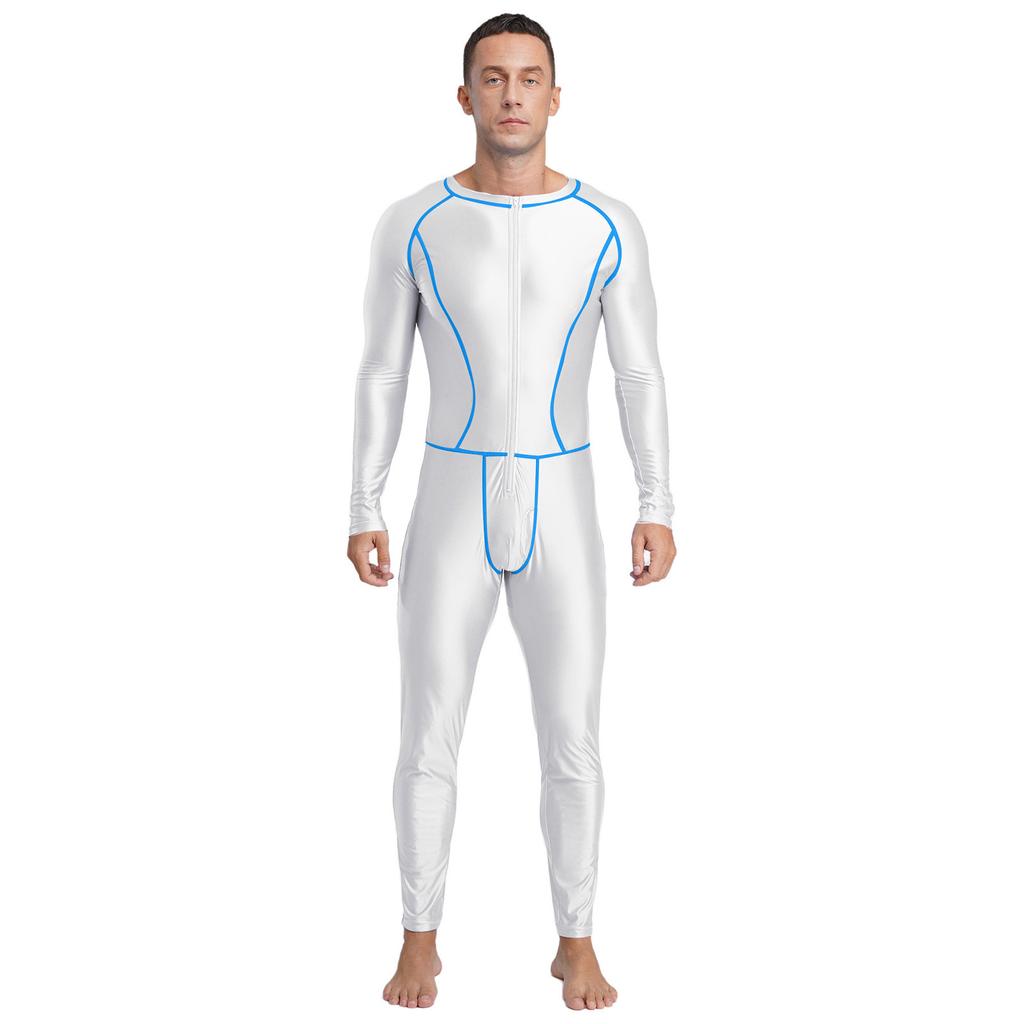 Мужской блестящий компрессионный комбинезон облегающего кроя с внешними плоскими швами, на молнии спереди, с длинными рукавами и длинными штанами, ромпер для йоги