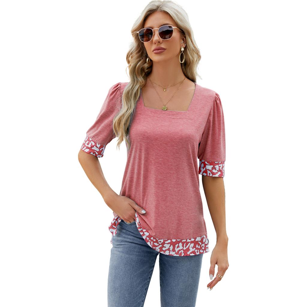 Spring Summer Women's T-Shirt Square Neck Printed Color Clash Bubble Sleeve Slit T-Shirt Top