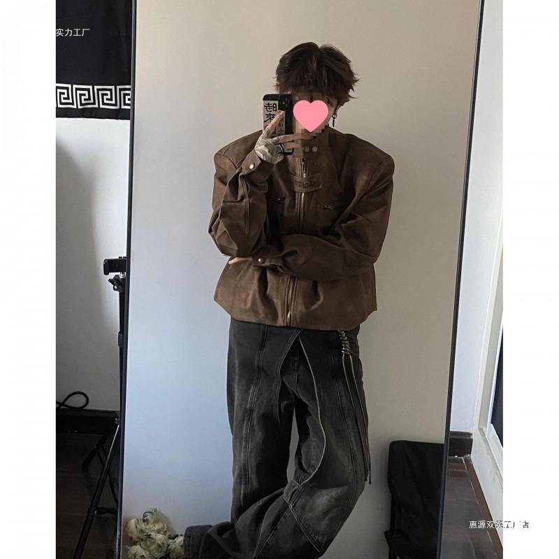 Mens Vintage Brown PU Leather Biker Jacket Short Cut Stand Collar Padded Shoulder Casual Outerwear