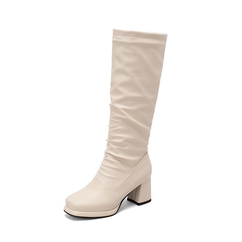 Осенние женские элегантные высокие сапоги на платформе, со складками, без застежек, мотоциклетные сапоги до колена, черные, массивные, размер 48