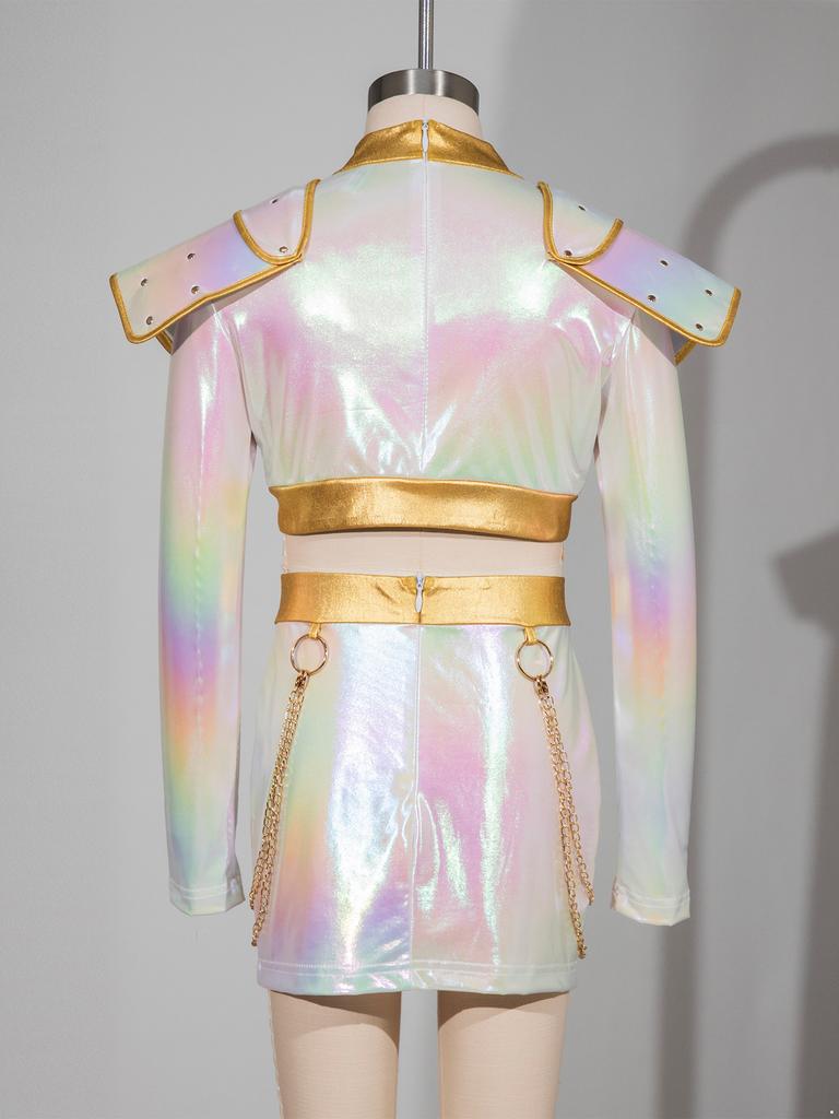 Детский Костюм Охотницы Косплей Хэллоуин Певица Демон Переливающийся Блестящий Кроп-Топ Отделка Пайетками Верхняя Одежда Поясная Цепочка Шорты