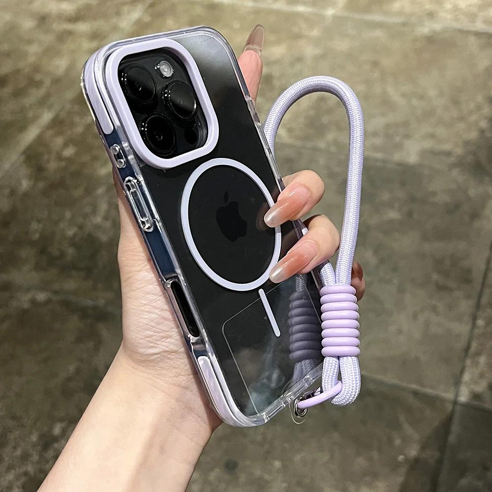 Прозрачный чехол для телефона с магнитом и ремешком на запястье для iPhone 14 15 16 Plus 11 12 13 16 Pro Max, Magsafe, прозрачный, для зарядки, противоударный