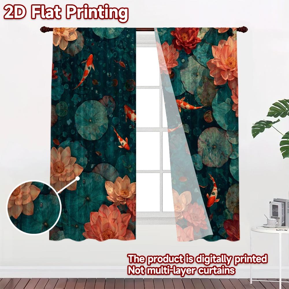 2D FLAT PRINTING 2pcs Curtains (Without Rod) Koi Fish and Water Lilies Popular Print Curtains Versatile Durable Polyester