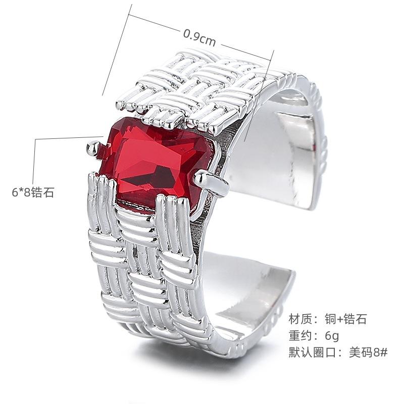 Personalized Style Wide-Faced Woven Ring Women'S Light Luxury Niche Inlaid Rectangular Red Zircon Fashion Adjustable Index Finger Ring