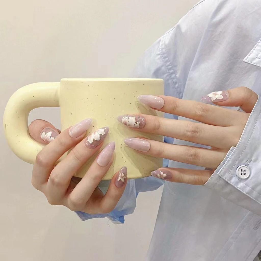HANDMADE Artificial Nail Almond Purple Fairy Ice Flower Ice Phototherapy Nails Fake Nails Reusable and Removable Nails