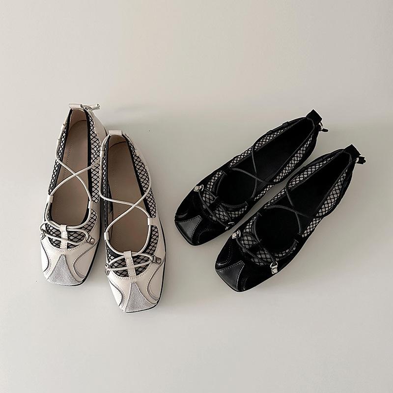 Cowhide version~ Square head retro mesh yarn functional style Mary Jane shoes versatile cross-strap ballet shoes platform casual shoes