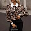Ayollar uchun mashhur kuzgi moda soxta ikkita leopard printli uzun qisma ko'ylaklar bluzkalar