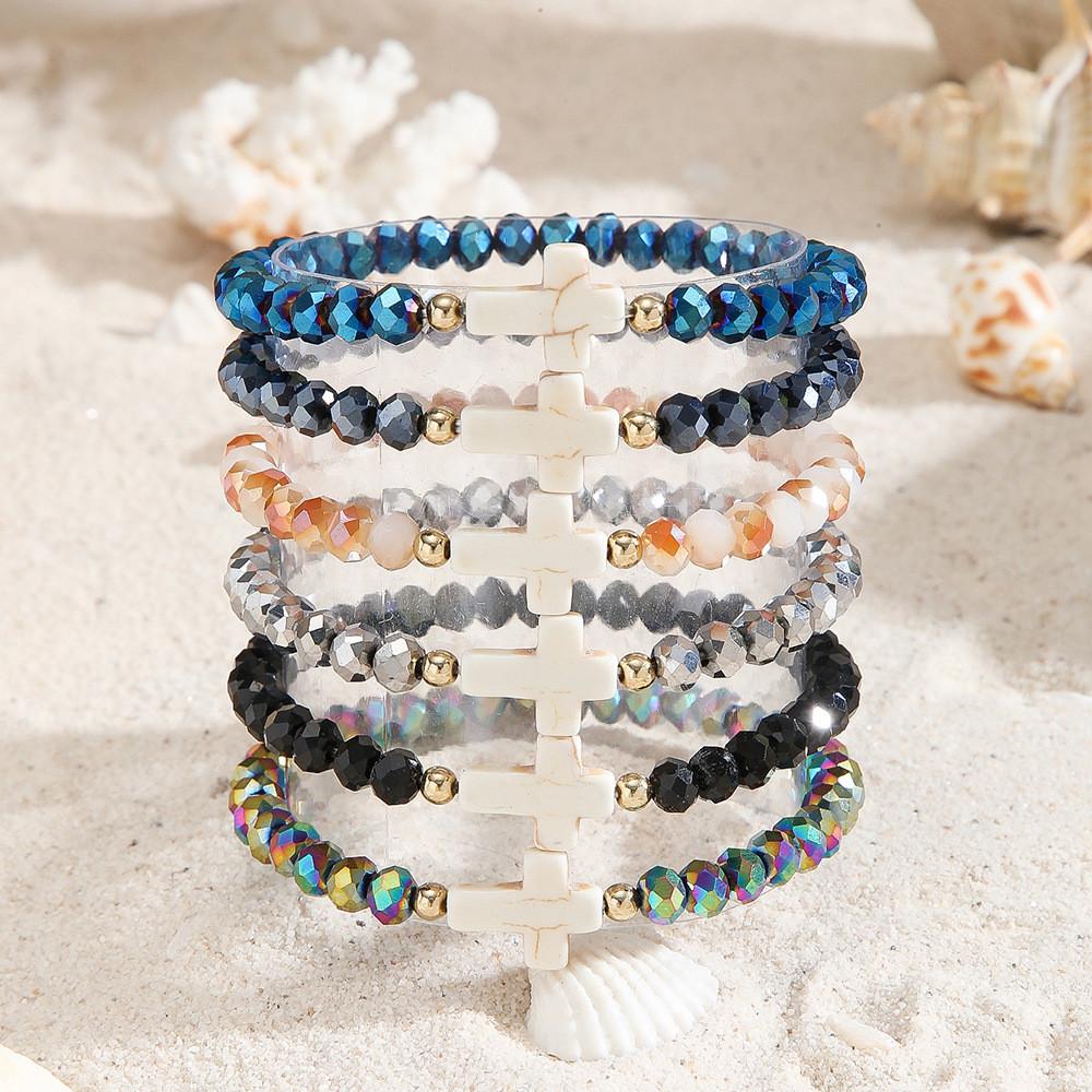 Bohemian Lady Stacking Bracelet With Turquoise Cross And Colorful Crystals For Travel Gift