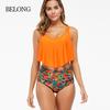 Large Size Women's Fashion Modest Two Pieces Swimsuit Padded Ruffled Top High Waisted Bottom Swimwear Set Printed Backless Tankini Bathing Suit