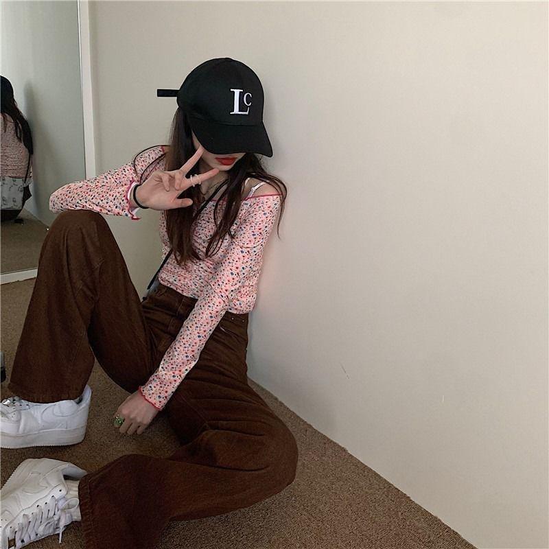 Женские узкие прямые коричневые джинсы в стиле ретро с высокой талией и корейским колоритом