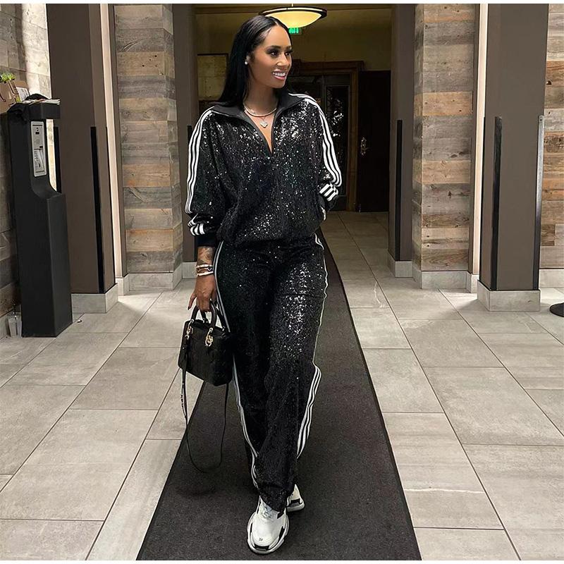 Модный комплект из 2 предметов с пайетками, женская куртка с длинным рукавом на молнии в полоску, пальто и прямые брюки, женский комплект одежды для вечеринок и клубов, весна 2025 г.