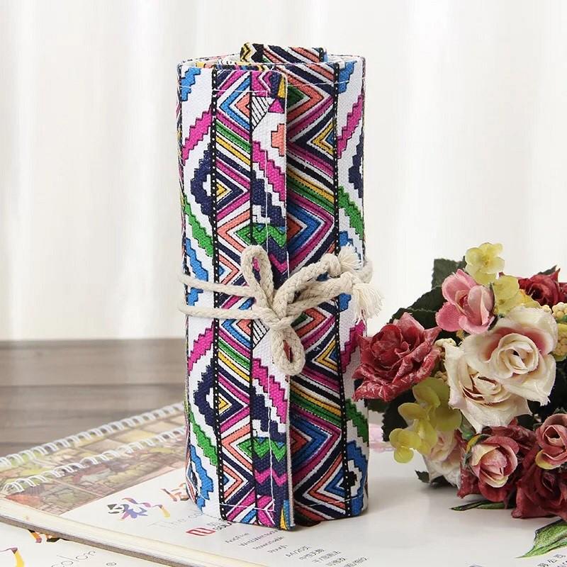 Bohemian Style Pencil Wrap Bag 36/48/72 Slot Canvas Pouch for Marker Pens Stationery School A6573