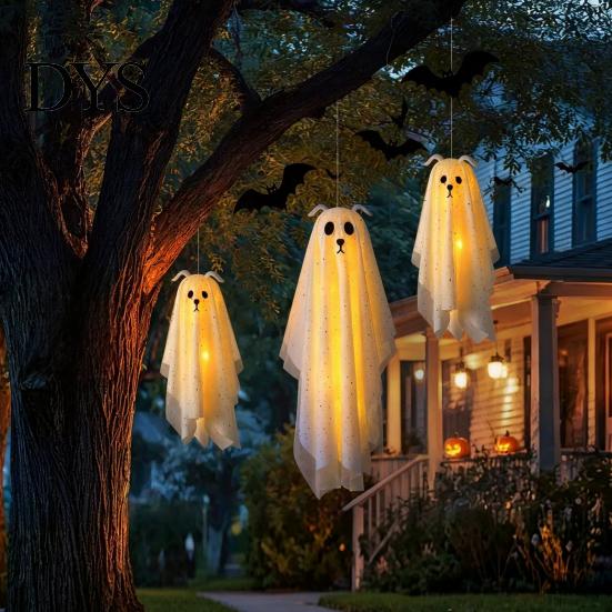 Haunted House Party Supplies 3 Pcs Lighted Dog Ghost Hanging Ornaments, Spooky Halloween Outdoor Flying Decorative for Dorm Room Gauze with LED Light