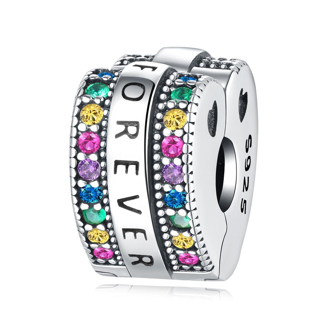 Silver Clasp 925 Silver Pave Clip Charms Colored Beads Stopper Safety Chain Fit Original Bangle Bracelet Jewelry Clip