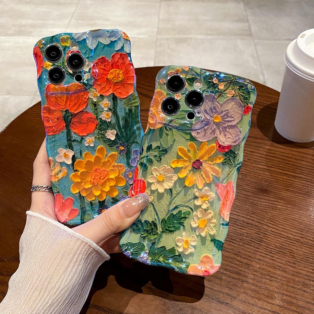 For Iphone 15 Pro Max Oil Painting Flowers Phone Case For iPhone 12 13 14 Pro Max 12promax 15pro 13promax Soft IMD Shockproof Bumper Wavy Frame Cover