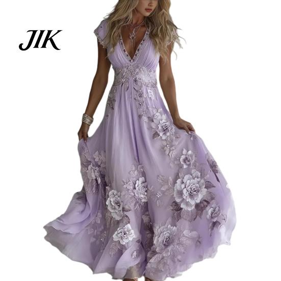A-line Silhouette Dress Summer Floral Maxi for Women Short Sleeve V Elegant Printed Neck Swing Beach Vacation Sundress Lightweight