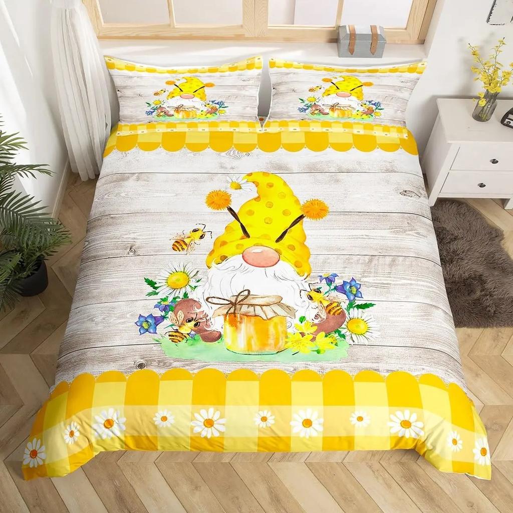 Cartoon Gnome Sunflower Duvet Cover King Queen Lovely Dwarf Flowers Bedding Set Yellow Floral Comforter Cover 1/2 Pillowcase